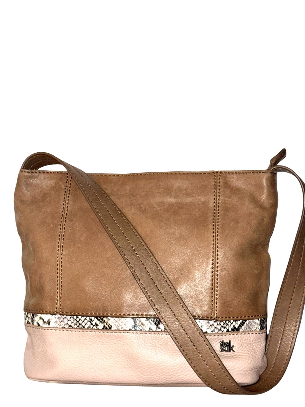 The Sak Leather Two-Tone X-body Bag in Taupe and Blush